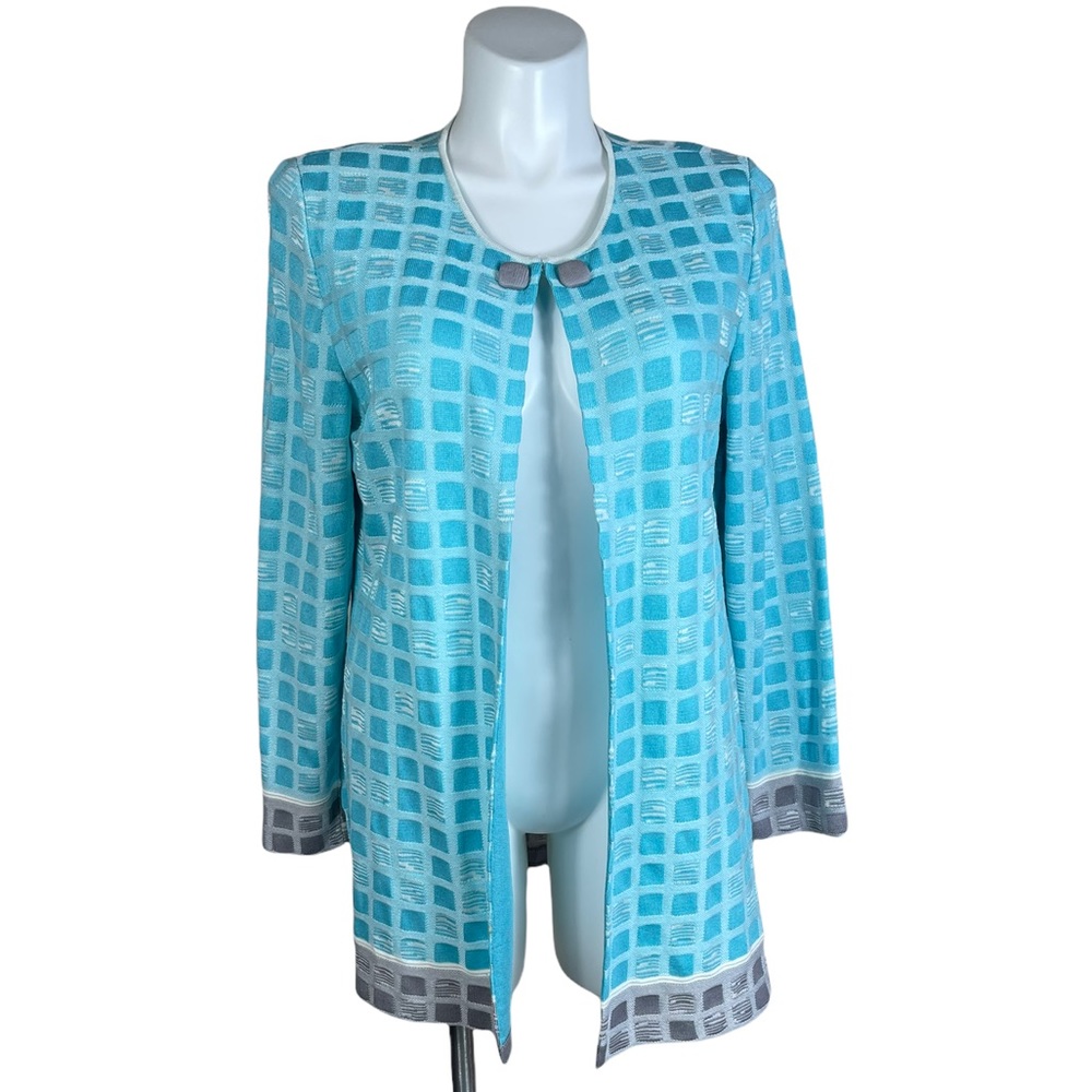 Ming Wang Duster Cardigan Turquoise Blue Squares Acrylic XL